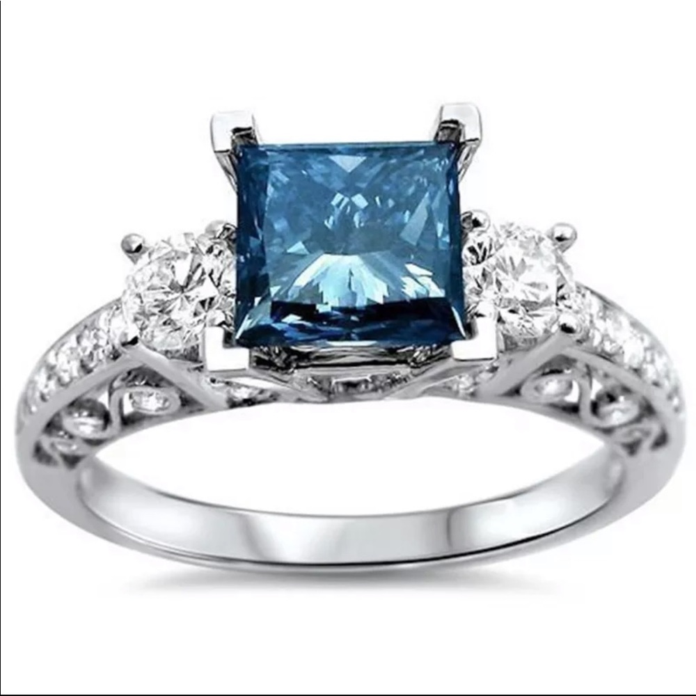 New Women’s 925 Silver Sapphire Princess Cut Ring - Picture 3 of 4
